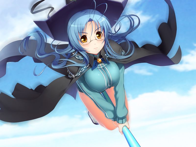 1girl, antenna_hair, aqua_buruma, aqua_jacket, black_cape, blue_hair, broom, broom_riding