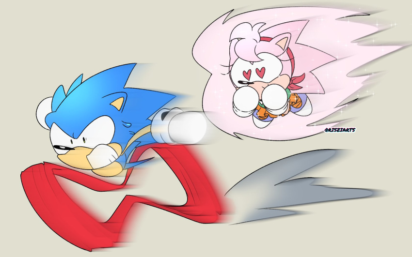 1boy, 1girl, amy_rose, animal_ears, animal_nose, chasing, classic_amy_rose, flying