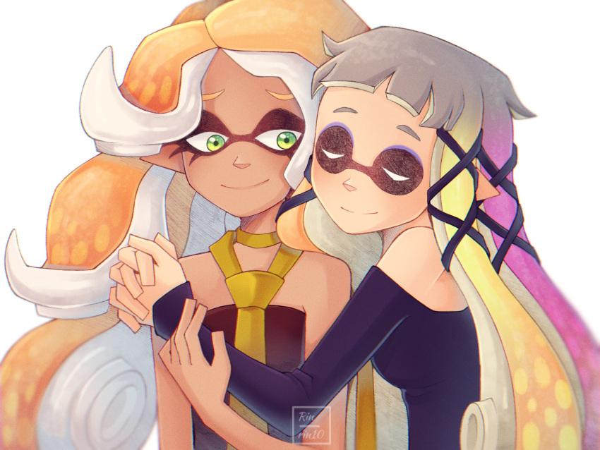 2girls, bare_shoulders, bibi_(splatoon), blonde_hair, closed_eyes, gradient_hair, green_eyes, grey_hair