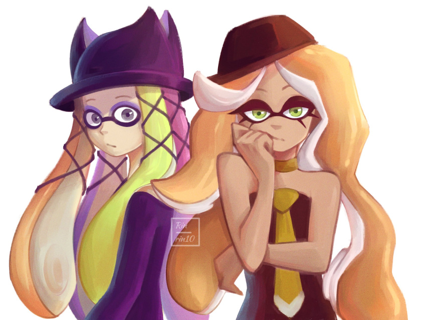 2girls, artist_name, bibi_(splatoon), black_headwear, blonde_hair, dress, green_eyes, grey_eyes