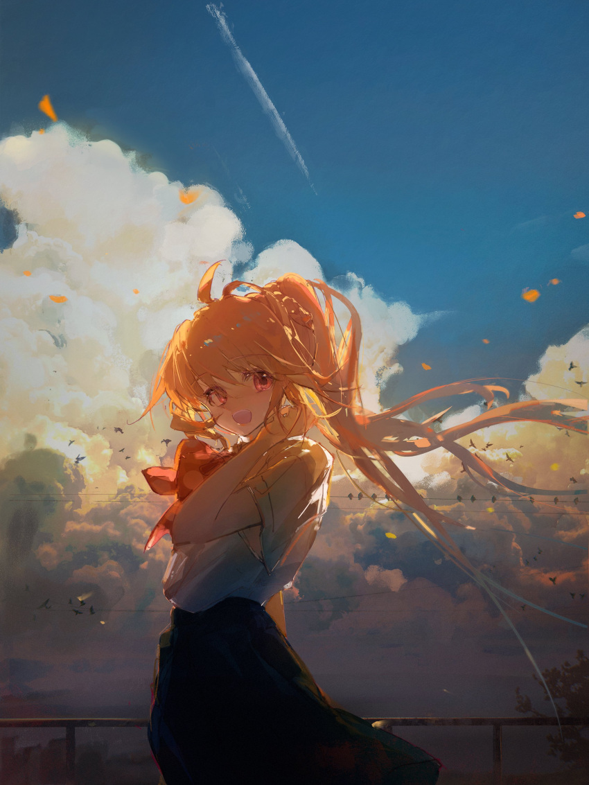 1girl, absurdres, ahoge, backlighting, bird, black_skirt, blonde_hair, blue_sky, bocchi_the_rock!, bow, bowtie, clouds, cloudy_sky, commentary_request, contrail, cowboy_shot, day, dress_shirt, floating_hair, flock, hand_in_own_hair, hand_up, highres, ijichi_nijika, kirrrara, long_hair, messy_hair, open_mouth, outdoors, power_lines, railing, red_bow, red_bowtie, red_eyes, shirt, shirt_tucked_in, short_sleeves, side_ponytail, skirt, sky, smile, solo, very_long_hair, white_shirt, wind