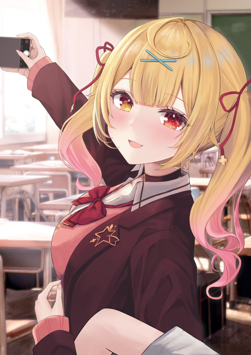 ahoge, ara1e, blonde_hair, blush, bow, cellphone, classroom, day