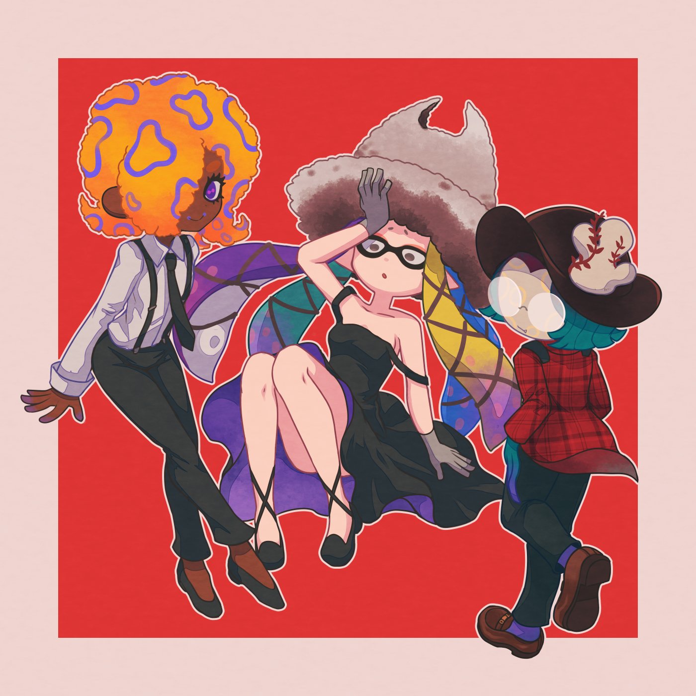 3girls, aqua_hair, arm_up, black_dress, black_footwear, black_headwear, black_necktie, black_pants