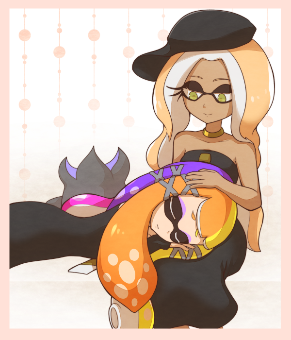 2girls, bare_shoulders, bibi_(splatoon), black_headwear, blonde_hair, border, closed_eyes, feet_out_of_frame