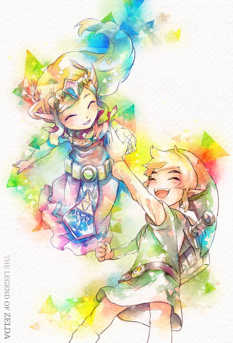 colorful, gloves, hat, link, long_hair, nintendo, pointy_ears, princess_zelda, s1minami, shield, smile, sword, the_legend_of_zelda, tiara, toon_link, weapon