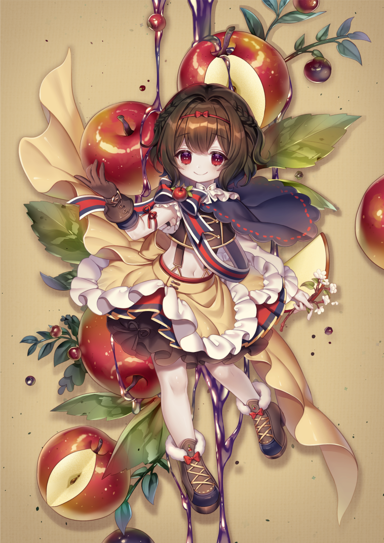 1boy, apple, brown_gloves, brown_hair, capelet, closed_mouth, crossdressing, dress, food, fruit, gloves, hairband, la_kokiii, looking_at_viewer, male_focus, medium_hair, navel, original, otoko_no_ko, red_eyes, shoes, single_glove, smile, solo, standing