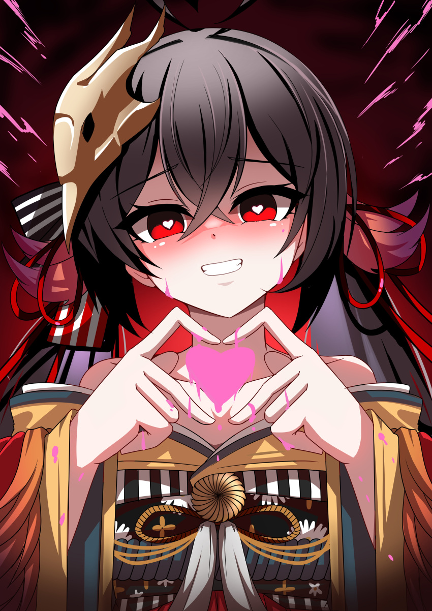 1girl, absurdres, ahoge, azur_lane, bare_shoulders, black_hair, crossed_bangs, grin