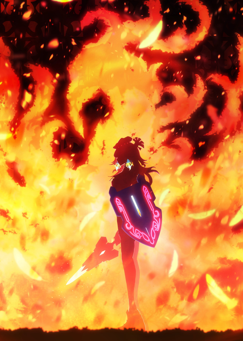 1girl, absurdres, bird, earrings, feather_earrings, feathers, fiery_background, fire