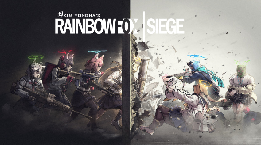 6+girls, ahoge, aiming, animal_ear_fluff, animal_ears, assault_rifle, backpack, bag