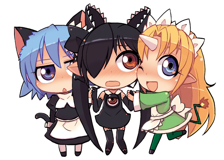 3girls, :d, animal_ears, apron, backbeako, backbeard, black_dress, black_footwear