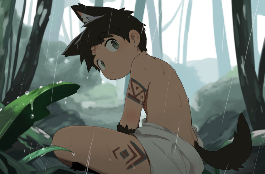 1boy, acnhiti, arm_tattoo, brown_hair, child, closed_mouth, commentary, day, facial_mark, green_eyes, kemonomimi_mode, leaf, male_child, male_focus, original, rain, scenery, sitting, solo, symbol-only_commentary, tail, tattoo, tree, tribal, wolf_boy, wolf_tail