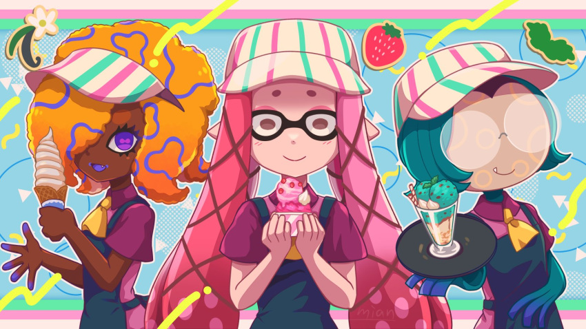 3girls, apron, aqua_hair, black_apron, character_request, dark-skinned_female, dark_skin, fang