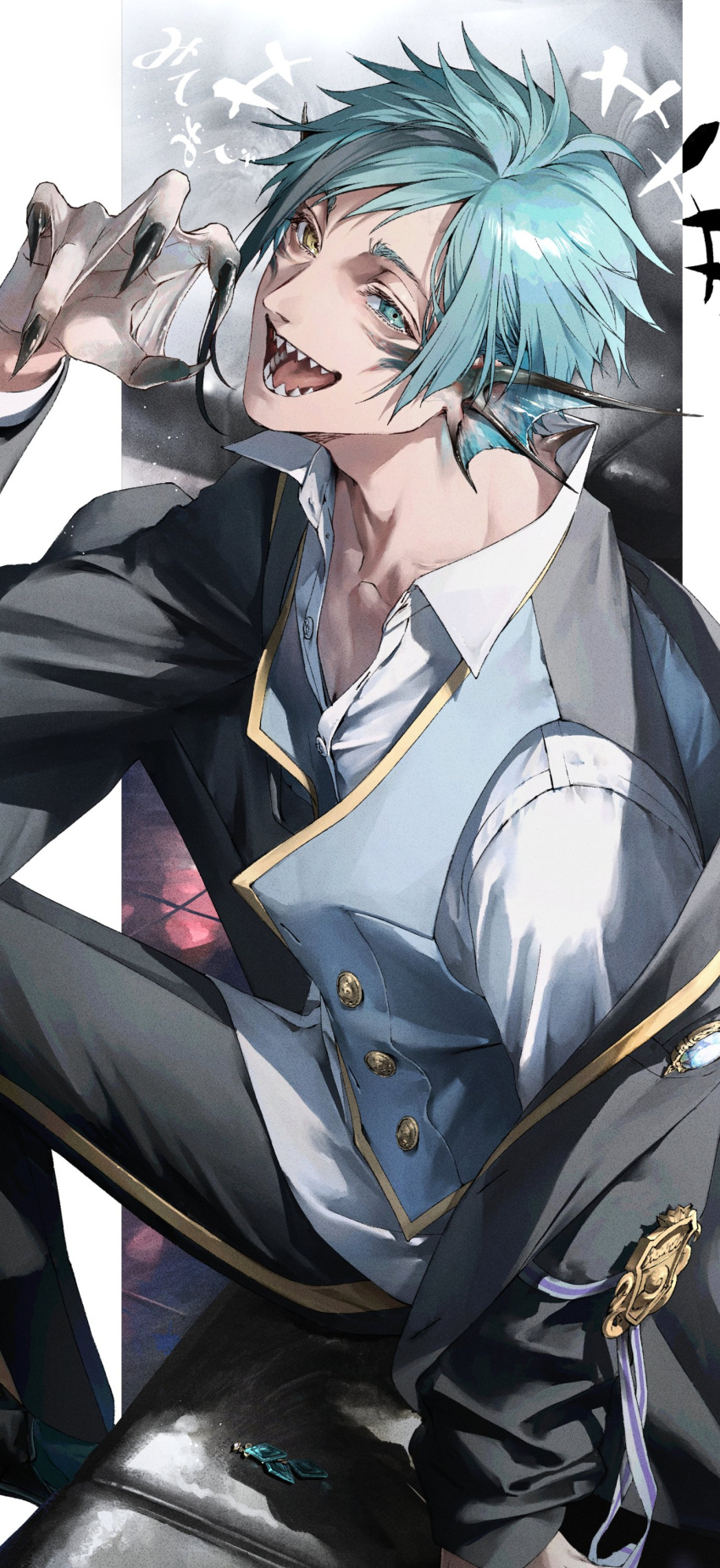 1boy, absurdres, black_jacket, black_pants, blazer, blue_eyes, blue_hair, blue_vest, claws, collared_shirt, fins, fish_boy, floyd_leech, hand_up, head_fins, heterochromia, highres, inuganeteru, jacket, long_sleeves, looking_at_viewer, male_focus, multicolored_hair, open_clothes, open_jacket, open_mouth, outdoors, pants, school_uniform, sharp_teeth, shirt, short_hair, sitting, streaked_hair, teeth, twisted_wonderland, vest, wall, webbed_hands, white_shirt, yellow_eyes