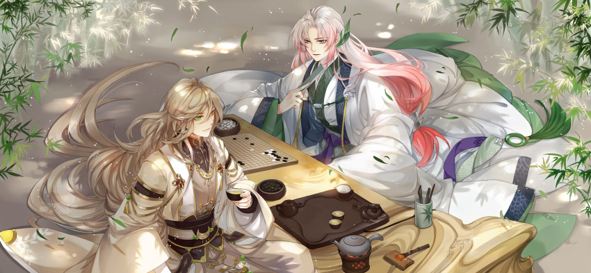 2boys, absurdres, bamboo, black_sash, board_game, bowl, brown_hair, calligraphy_brush