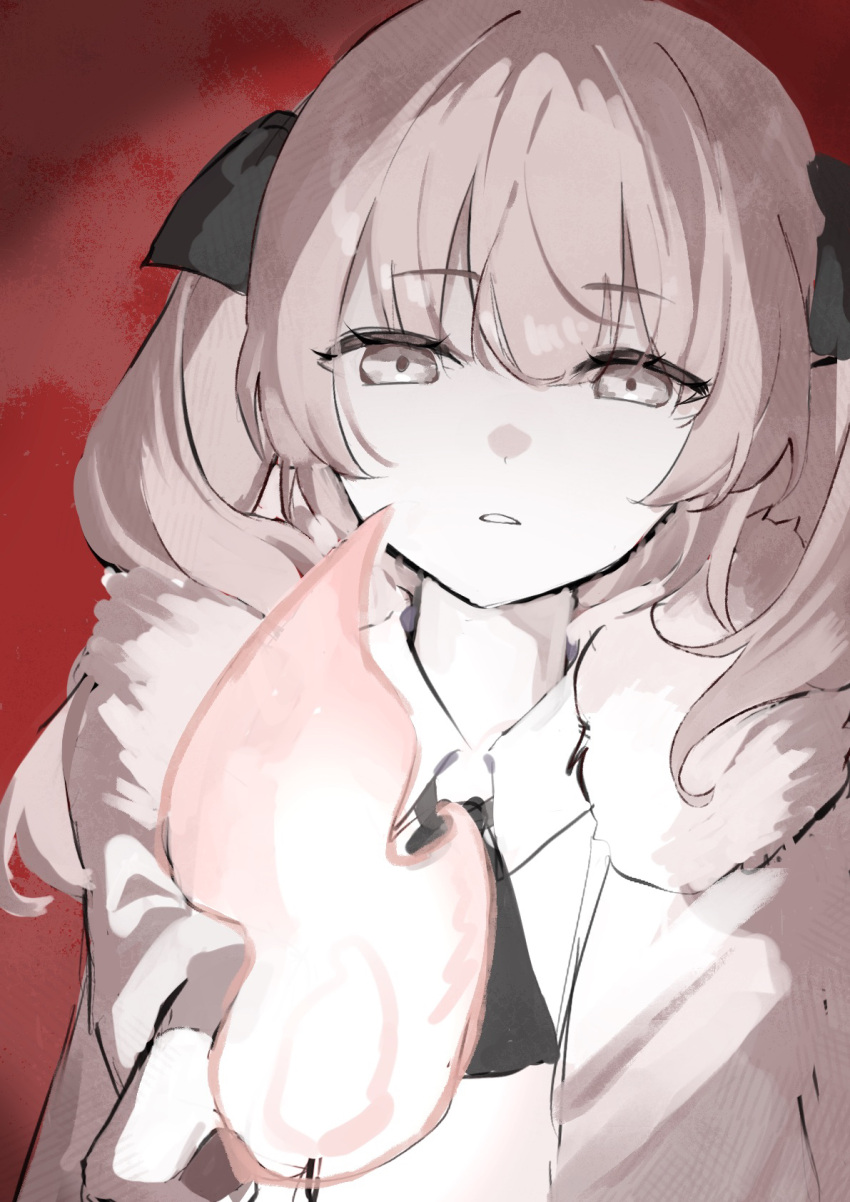 1girl, adipocere_(vocaloid), black_ribbon, collared_shirt, commentary_request, expressionless, fire, flame, fur-trimmed_jacket, fur_trim, grey_eyes, hair_ribbon, half-closed_eyes, highres, hiroyi_(mei), holding, holding_torch, jacket, limited_palette, long_hair, long_sleeves, looking_at_viewer, neck_ribbon, open_clothes, open_jacket, outstretched_arm, parted_lips, pink_hair, red_background, ribbon, shirt, solo, torch, twintails, upper_body