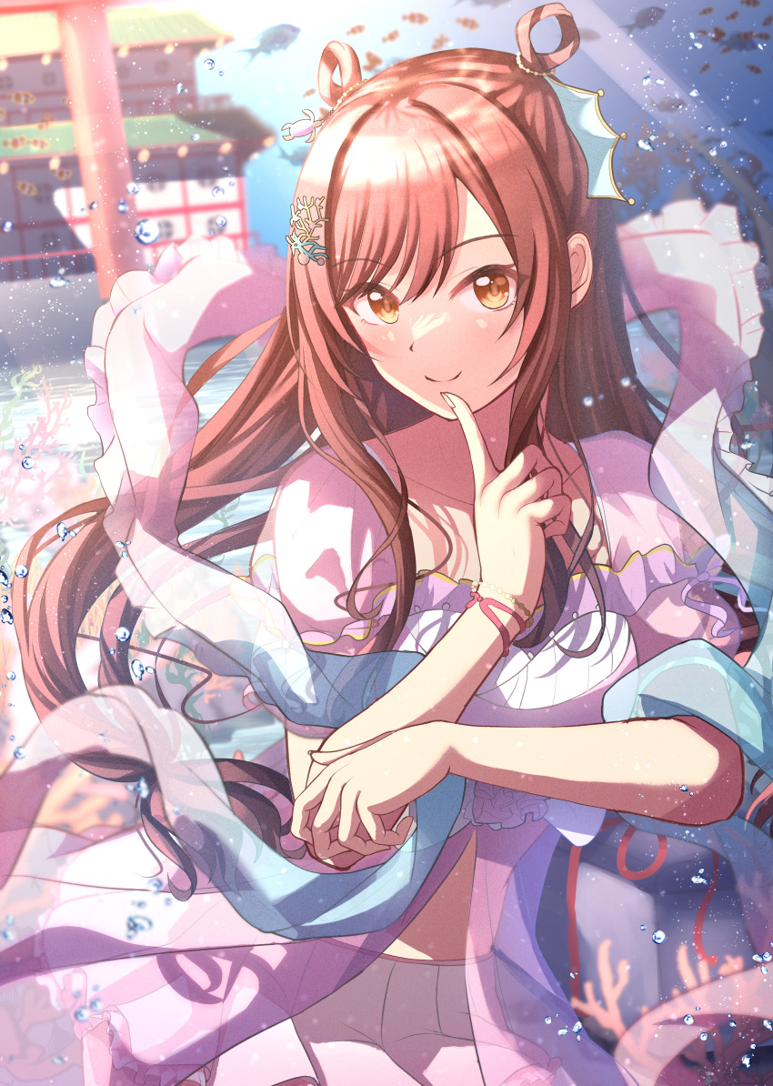 1girl, absurdres, air_bubble, alternate_hairstyle, blush, bracelet, bubble, citrusmikan