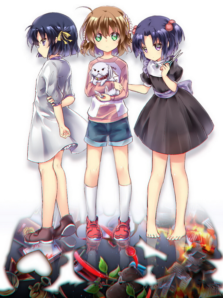3girls, aged_down, ahoge, animal, arm_at_side, arm_behind_back, barefoot, black_dress