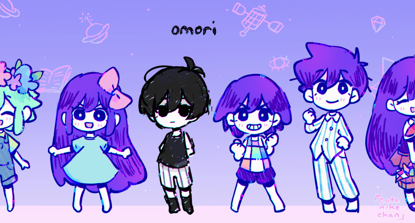 2girls, 3boys, absurdres, animated, animated_gif, aubrey_(omori), basil_(omori), black_hair