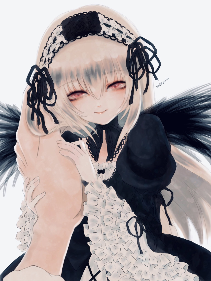 1girl, 1other, black_dress, black_hairband, black_wings, dress, frilled_sleeves, frills