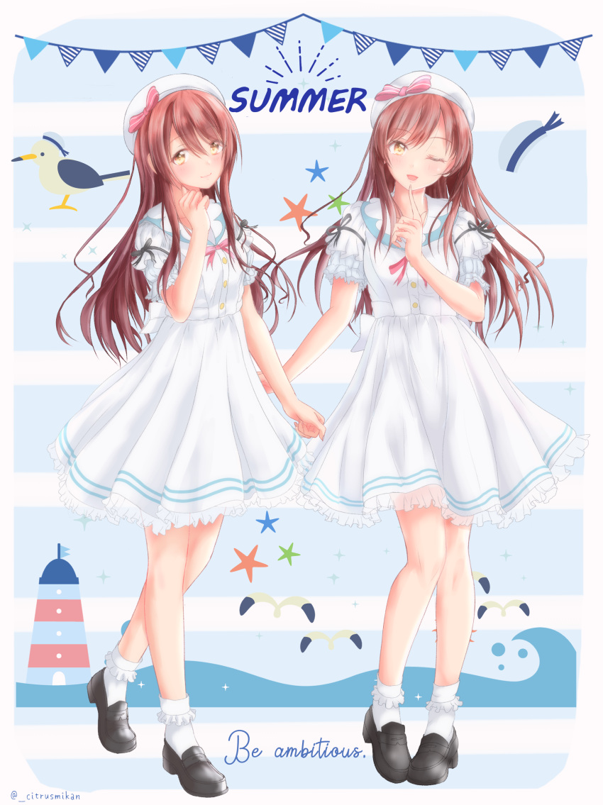 2girls, absurdres, ber, beret, black_footwear, blush, citrusmikan, closed_mouth, commentary_request, dress, finger_to_mouth, frilled_dress, frilled_socks, frills, hair_between_eyes, hand_up, hat, highres, idolmaster, idolmaster_shiny_colors, index_finger_raised, loafers, long_hair, looking_at_viewer, multiple_girls, one_eye_closed, open_mouth, osaki_amana, osaki_tenka, redhead, sailor_dress, shoes, siblings, sisters, smile, socks, standing, swept_bangs, twins, white_dress, white_headwear, white_socks, yellow_eyes