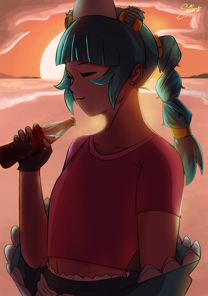 1girl, absurdres, beach, blue_hair, closed_eyes, coke-bottle_glasses, double_bun, down_jacket, glasses, hair_bun, highres, hime_cut, jacket, orange_sky, original, ponytail, purple_shirt, sailant, shirt, sky, soda_bottle, sunset, ura_(sailant)