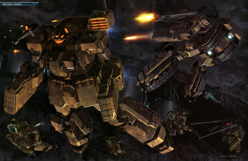6+boys, absurdres, assault_visor, bodysuit, brown_bodysuit, caterpillar_tracks, firing, flying