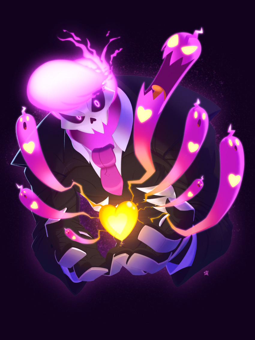 1boy, english_commentary, ghost, gloves, glowing, glowing_eyes, glowing_heart, highres, lewis_pepper, mystery_skulls, necktie, open_mouth, pink_hair, skull, suit, theroomacattack, violet_eyes, yellow_eyes