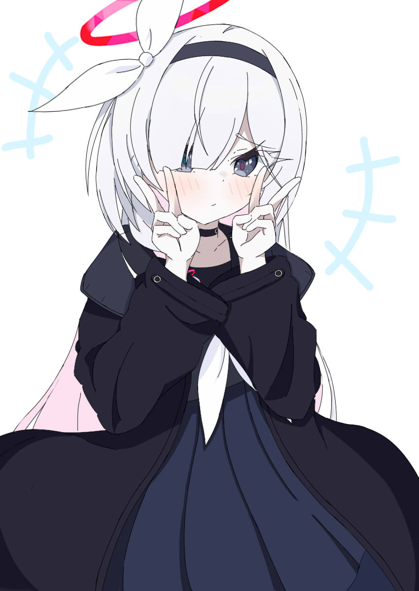 1girl, black_choker, black_coat, black_eyes, black_hairband, black_serafuku, blue_archive, blush