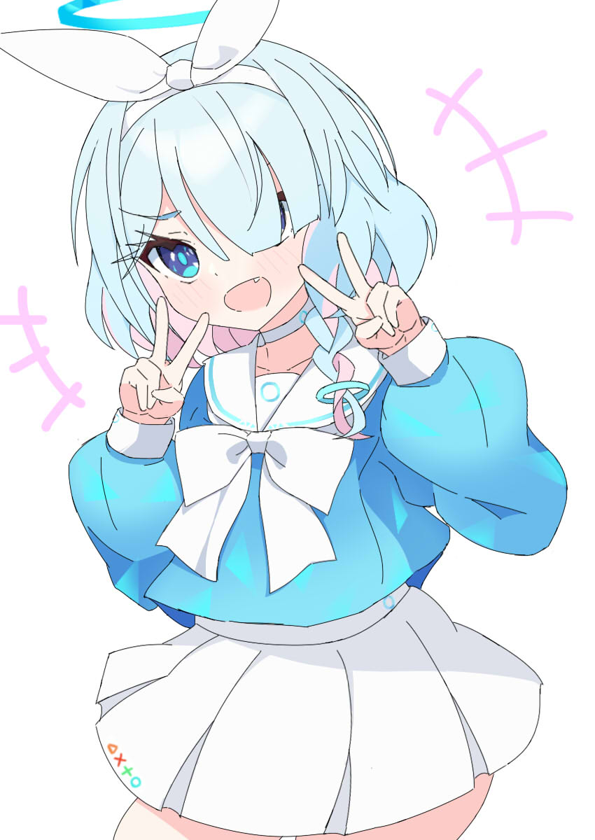 1girl, :d, arona_(blue_archive), blue_archive, blue_eyes, blue_hair, blue_shirt, blush