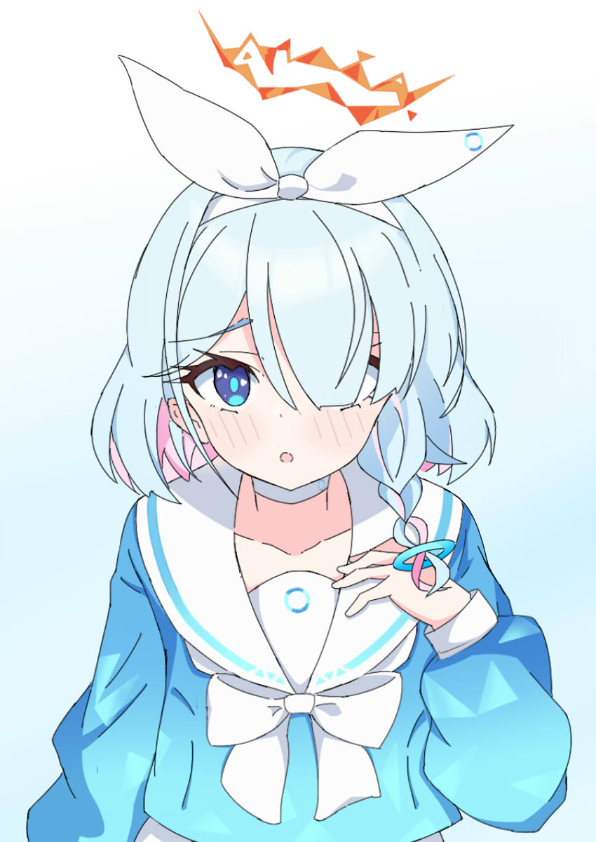 1girl, :o, arona_(blue_archive), blue_archive, blue_eyes, blue_hair, blue_shirt, blush
