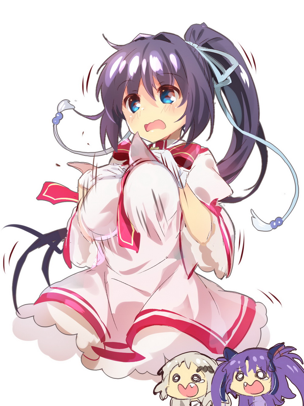 3girls, between_breasts, black_hair, blue_eyes, blue_ribbon, blush, bouncing_breasts, breast_hold, breasts, chibi, chibi_inset, chinese_commentary, commentary, company_connection, cowboy_shot, dress, earthquake, fang, floating_hair, frilled_dress, frilled_sleeves, frills, gloves, grey_hair, hair_between_eyes, hair_intakes, hair_ribbon, highres, juliet_sleeves, kazamatsuri_institute_high_school_uniform, key_(company), konohana_lucia, large_breasts, little_busters!, lliissaawwuu2, long_hair, long_sleeves, looking_at_breasts, looking_down, motion_lines, multiple_girls, necktie, necktie_between_breasts, noumi_kudryavka, o_o, open_mouth, pink_dress, ponytail, puffy_sleeves, purple_hair, red_necktie, red_ribbon, rewrite, ribbon, sasasegawa_sasami, school_uniform, simple_background, solo_focus, standing, surprised, trembling, very_long_hair, wavy_hair, white_background, white_gloves, wide_sleeves