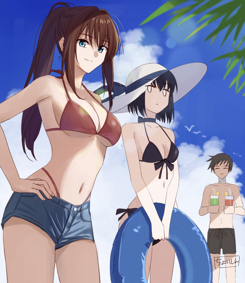 1boy, 2girls, aozaki_aoko, bandaged_neck, bandages, bikini, black_bikini, black_hair