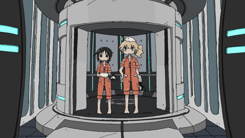2girls, ahoge, alternate_costume, aperture_science_handheld_portal_device, barefoot, black_eyes, black_hair, blonde_hair