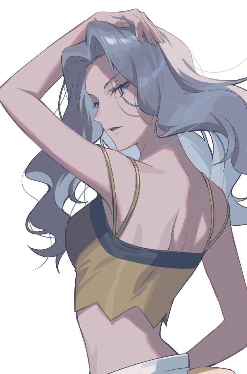 1girl, absurdres, bin_(bottle_crown), blue_eyes, breasts, facing_away, grey_hair, highres, karen_(pokemon), long_hair, looking_at_viewer, looking_back, medium_breasts, midriff, parted_lips, pokemon, pokemon_(game), pokemon_hgss, shirt, sideboob, simple_background, sleeveless, solo, upper_body, wavy_hair, white_background, yellow_shirt