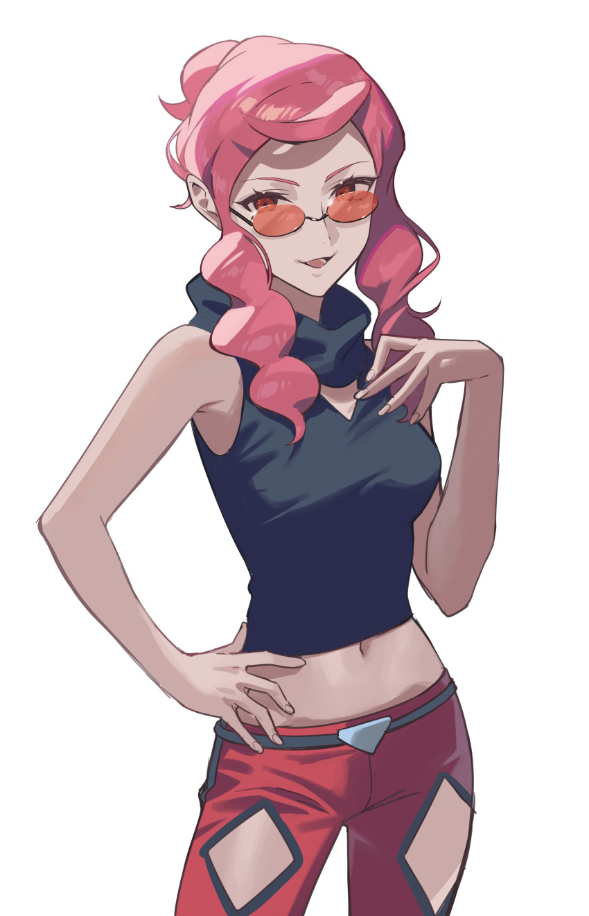 1girl, absurdres, belt, bin_(bottle_crown), black_belt, black_shirt, cowboy_shot, glasses