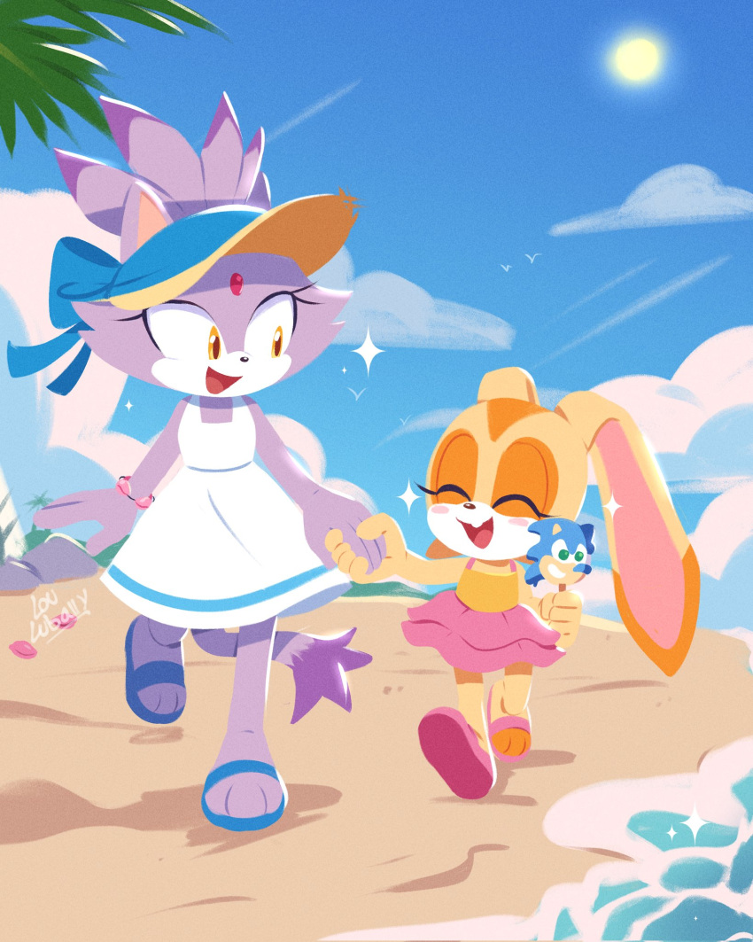 2girls, beach, blaze_the_cat, blue_sky, blush, cat_girl, closed_eyes, cream_the_rabbit