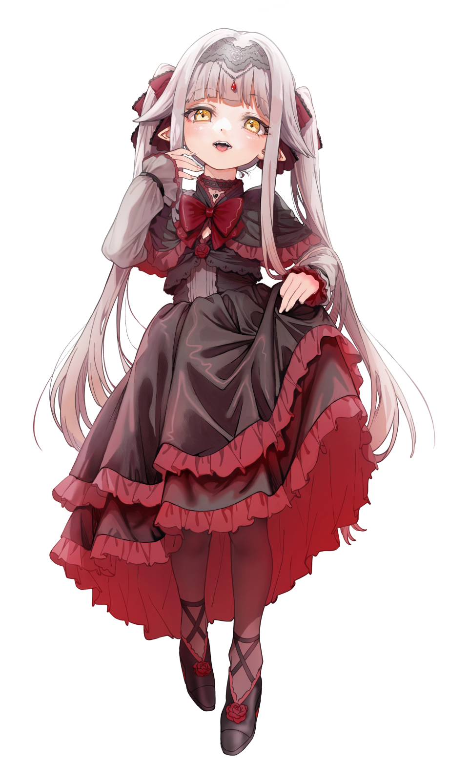 1girl, atagumo_yuba, black_dress, bow, bowtie, choker, dress, fangs, fingernails, flat_chest, flower, footwear_flower, full_body, grey_hair, hair_ribbon, headpiece, high_heels, highres, long_fingernails, long_hair, long_sleeves, non-web_source, open_mouth, original, pantyhose, pointy_ears, red_bow, red_bowtie, red_dress, red_flower, red_rose, ribbon, rose, skirt_hold, solo, teeth, tongue, tongue_out, transparent_background, twintails, two-tone_dress, vampire, yellow_eyes