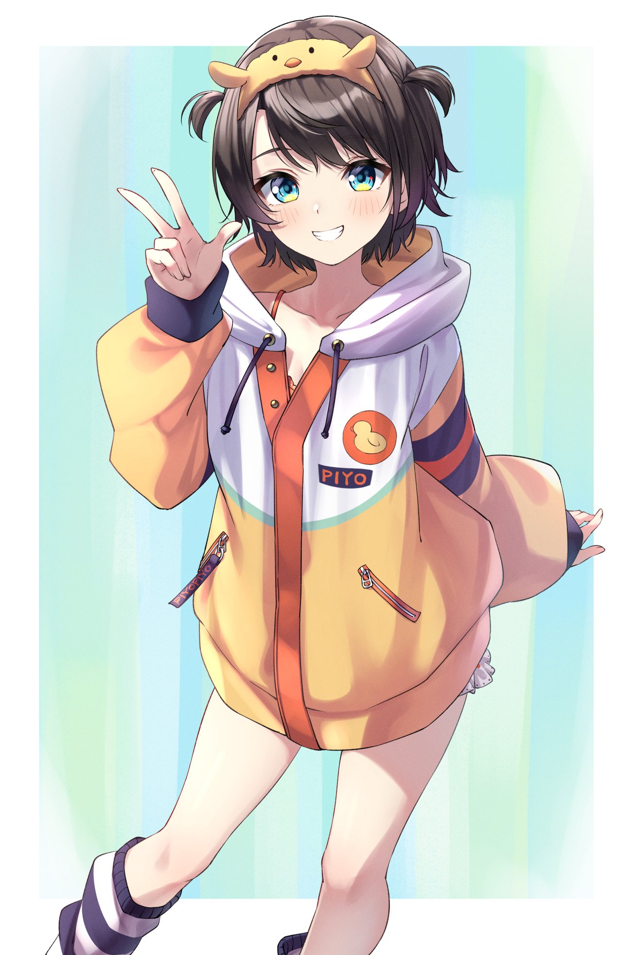 1girl, black_socks, bloomers, blue_eyes, blush, bra, bra_peek, brown_hair