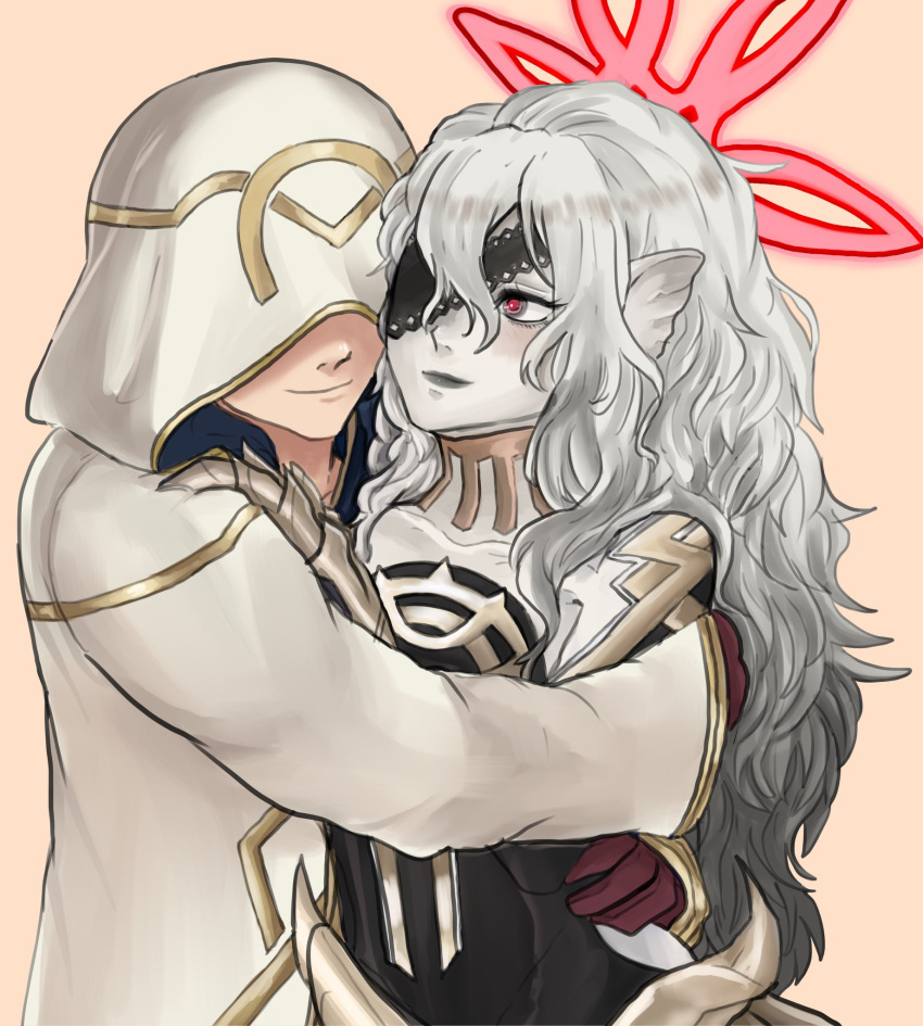 1boy, 1girl, bat_girl, dottedclouds, embla_(fire_emblem), fire_emblem, fire_emblem_heroes, hetero, highres, hooded_robe, hug, kiran_(fire_emblem), kiran_(male)_(fire_emblem), long_hair, pointy_ears, red_eyes, robe, white_hair