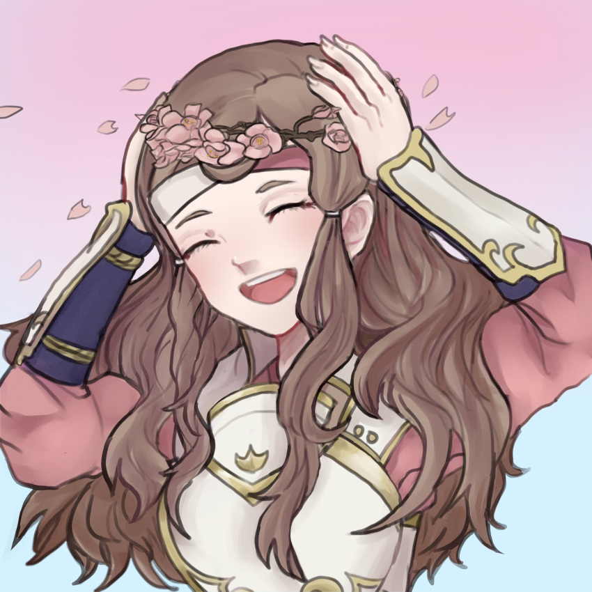 1girl, armor, brown_hair, closed_eyes, dottedclouds, fire_emblem, fire_emblem_fates, hana_(fire_emblem), head_wreath, highres, japanese_armor, japanese_clothes, long_hair, open_mouth, petals, sidelocks, smile, teeth, upper_teeth_only