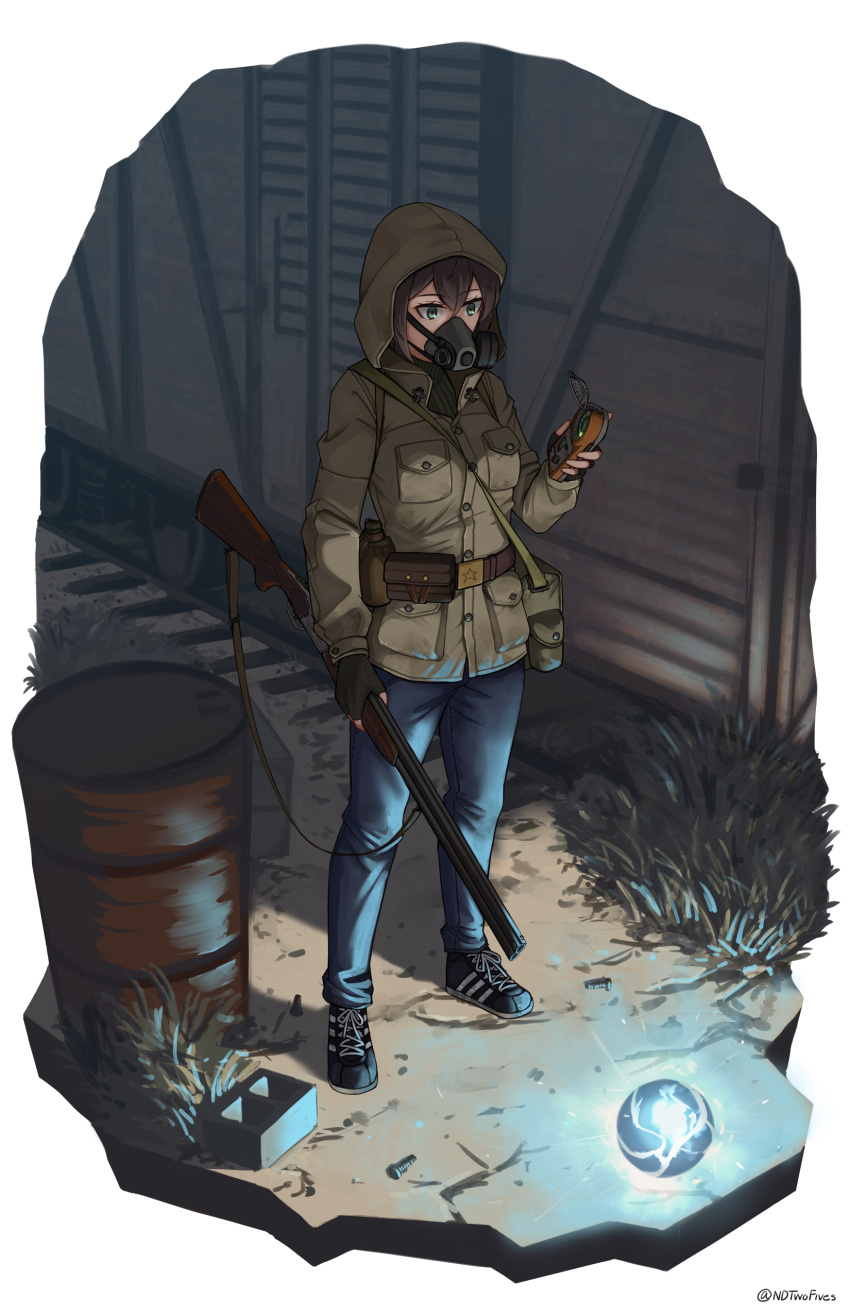1girl, absurdres, barrel, black_footwear, black_hair, blue_eyes, blue_pants, brown_jacket, commentary, denim, english_commentary, glowing, gun, hair_between_eyes, highres, holding, holding_gun, holding_weapon, hood, hood_up, hooded_jacket, jacket, jeans, ndtwofives, orb, pants, railroad_tracks, respirator, shoes, solo, stalker_(game), standing, toz-34, train, twitter_username, weapon, white_background