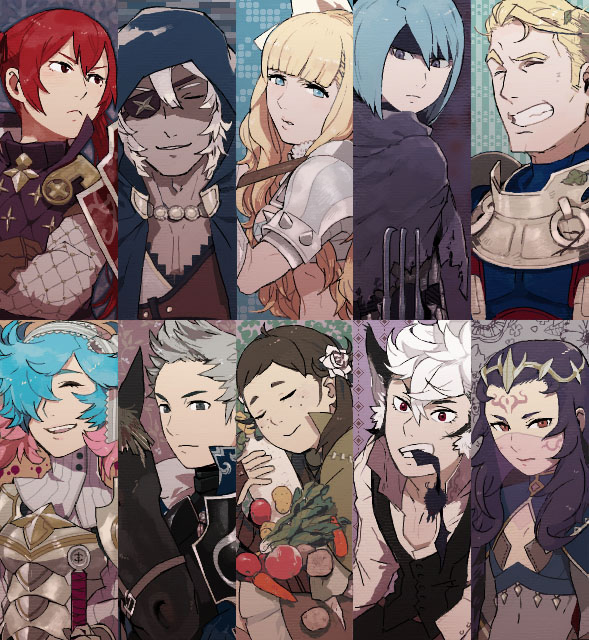 4boys, 6+girls, ahoge, armor, arthur_(fire_emblem), blonde_hair, blue_hood, charlotte_(fire_emblem)