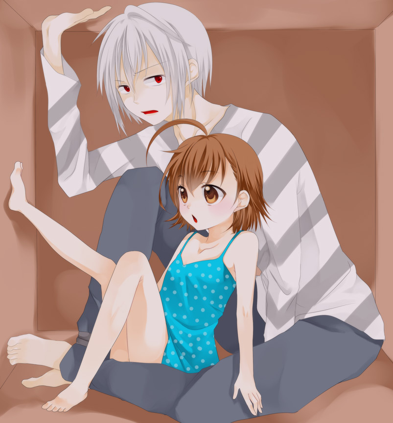 accelerator, ahoge, albino, box, brown_eyes, brown_hair, dress, lat_order, na_(pixiv87988), red_eyes, to_aru_majutsu_no_index, white_hair