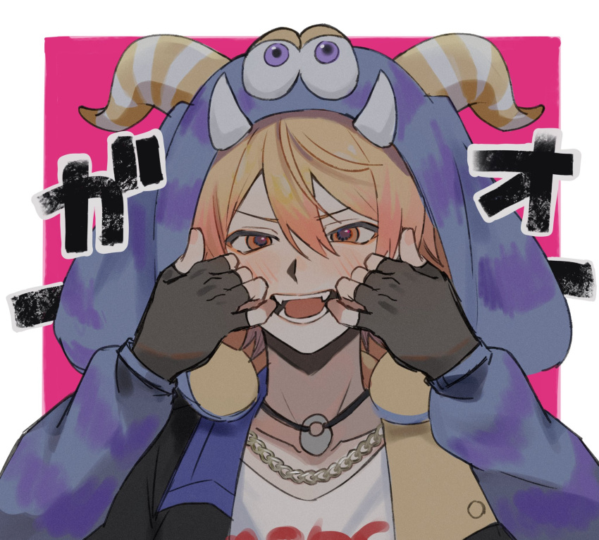 1boy, black_gloves, blonde_hair, blush, chain_necklace, commentary_request, fake_horns, fingerless_gloves, gesture_request, gloves, gradient_hair, hair_between_eyes, hands_up, hibiku_twilight_parade_(project_sekai), highres, horns, jewelry, long_sleeves, looking_at_viewer, male_focus, multicolored_clothes, multicolored_hair, multicolored_headwear, necklace, official_alternate_costume, open_mouth, orange_eyes, orange_hair, project_sekai, short_hair, so17p, solo, teeth, tenma_tsukasa, upper_body, violet_eyes