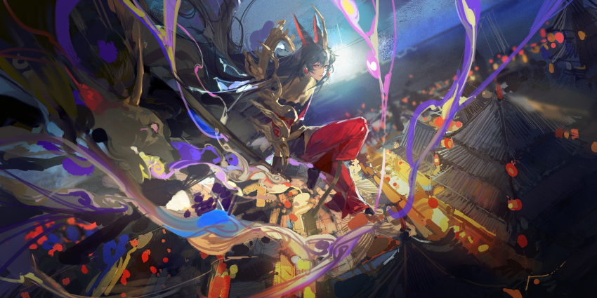 1other, absurdres, architecture, arknights, black_hair, closed_mouth, commentary_request, earrings, east_asian_architecture, from_side, hair_between_eyes, highres, horns, jewelry, knee_up, long_hair, looking_at_viewer, looking_to_the_side, moluxiang, night, other_focus, outdoors, pants, red_eyes, red_pants, sitting, solo, very_long_hair, ya_(arknights)