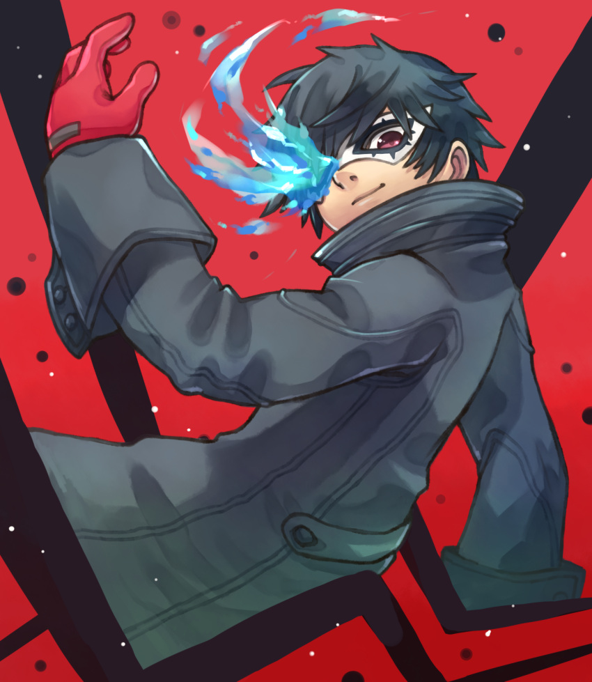 1boy, amamiya_ren, black_hair, black_jacket, gloves, glowing, glowing_eye, highres