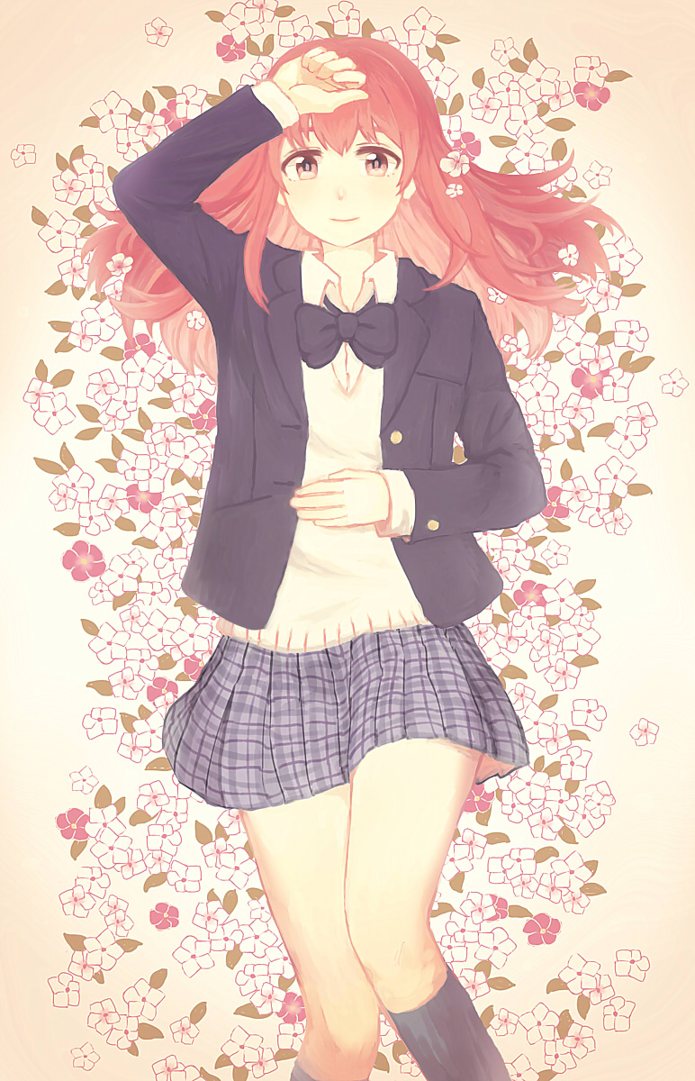 1girl, black_socks, blue_bow, blue_bowtie, blue_jacket, bow, bowtie, brown_eyes