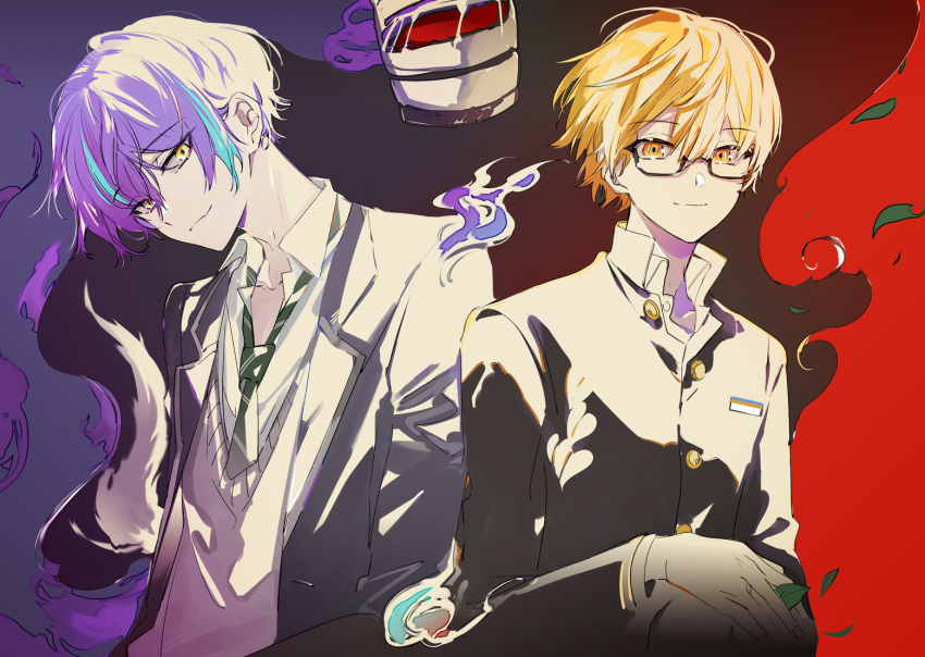 2boys, aqua_hair, bespectacled, blazer, blonde_hair, buttons, closed_mouth, collared_shirt