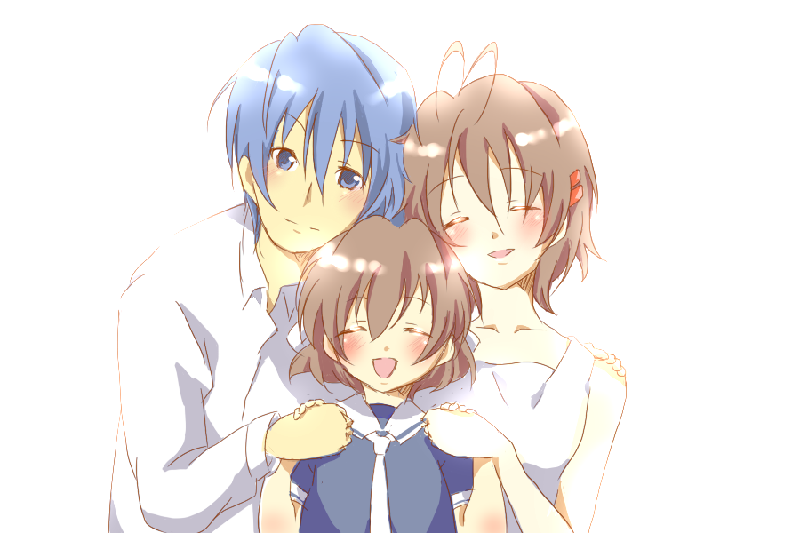 blue_hair, brown_hair, clannad, closed_eyes, family, furukawa_nagisa, hinaki, holding_hands
