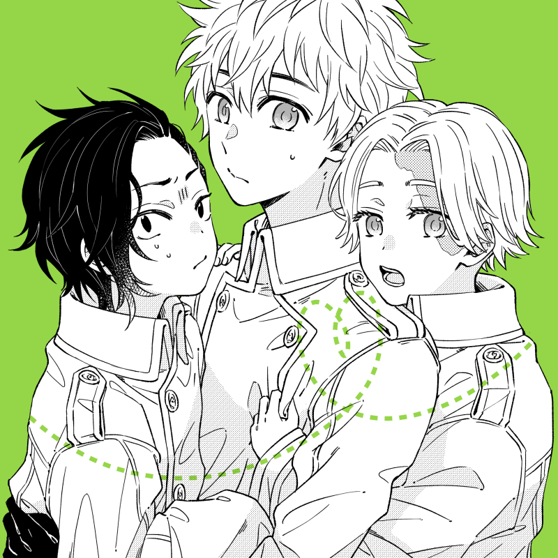 3boys, aged_down, burn_scar, closed_mouth, coppe, frown, gloves, green_background
